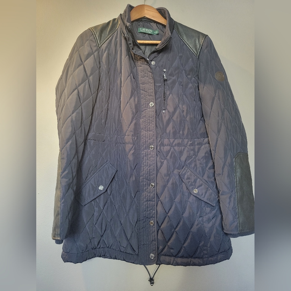 Lauren Ralph Lauren Quilted Navy Blue Jacket W/ Faux Leather Trim Womens Size M
